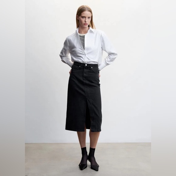 MANGO | Black Maxi Denim Skirt with Slit - Picture 1 of 15